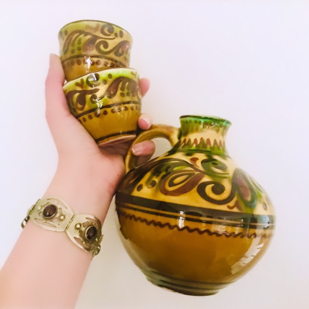 Vintage Moroccan pottery pitcher and two cups
